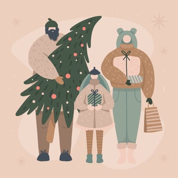 Happy family buying and holding Christmas tree and gifts. A child with Father and Mother Christmas celebration. Shopping on winter holidays concept vector