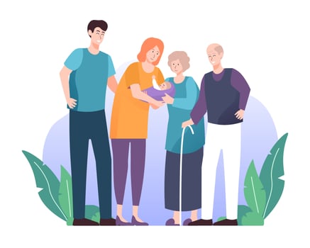 Happy family illustration. Newborn baby with father, mother, grandfather and grandmother vector
