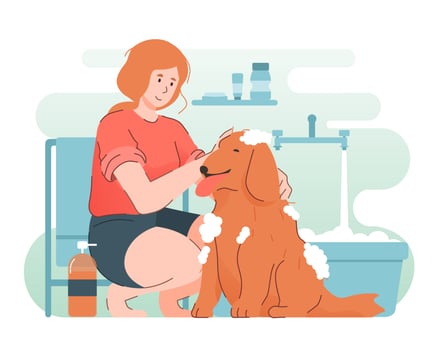 Dog taking a bubble bath. People and pet concept vector
