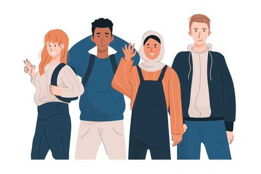 Group of multicultural students. Happy young boys and girls in casual clothes vector