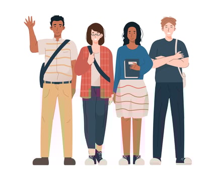 Happy young students in casual clothes standing together. Flat cartoon illustration vector