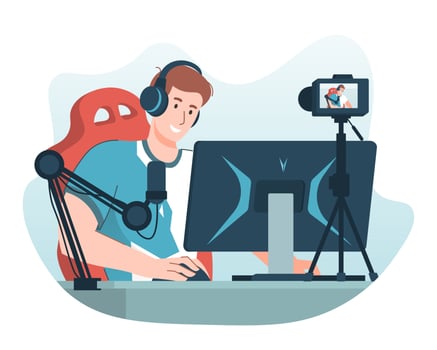 Pro gamer playing online video game on personal computer while recording video using camera and microphone for his online video channel vector