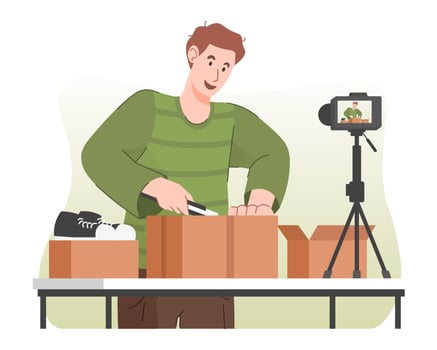 Excited male blogger unboxing cardboard package while recording video for his online video channel. Product reviewer concept vector