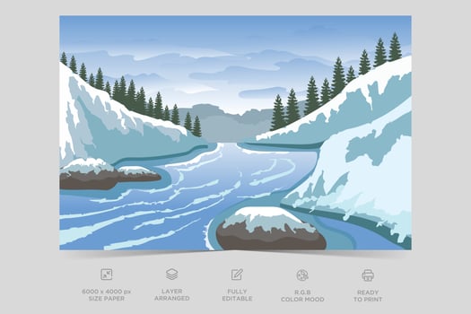 Beautiful ice river side nature scene flat illustration landscape design background template vector