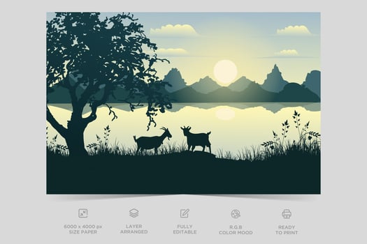 Beautiful river side nature scene in afternoon flat illustration landscape design background vector