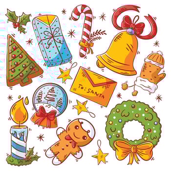 Christmas elements icons collection hand drawn full color vector