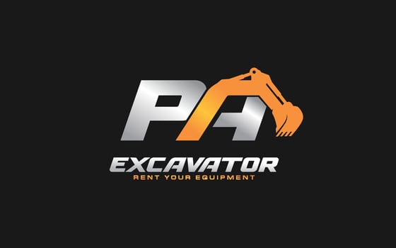 PA logo excavator for construction company. Heavy equipment template vector illustration for your brand.