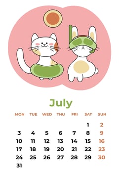 July 2023. Calendar sheet with a rabbit in a water mask and a cat in a towel. Cartoon vector illustration.