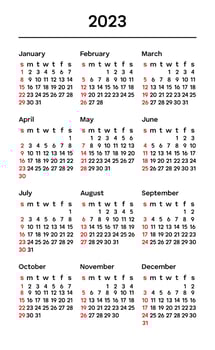 Simple concise calendar for 2023. 12 months. Week start Sunday. Corporate design planner template. Vertical calendar. Vector illustration