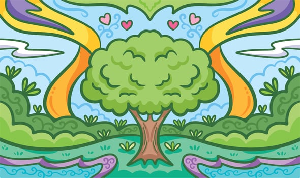 Fresh and beautiful tree natural themed vector background. Greenery wallpaper for poster or website backdrop with cartoon flat art style and clean line art. Colorful drawing with love earth theme