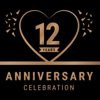 12 years anniversary celebration logotype. anniversary logo with golden color isolated on black background, vector design for celebration, invitation card, and greeting card. Eps10 Vector Illustration