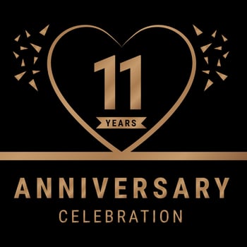 11 years anniversary celebration logotype. anniversary logo with golden color isolated on black background, vector design for celebration, invitation card, and greeting card. Eps10 Vector Illustration