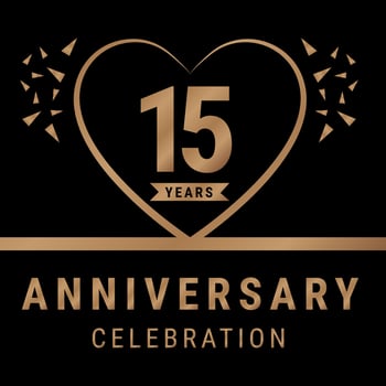 15 years anniversary celebration logotype. anniversary logo with golden color isolated on black background, vector design for celebration, invitation card, and greeting card. Eps10 Vector Illustration