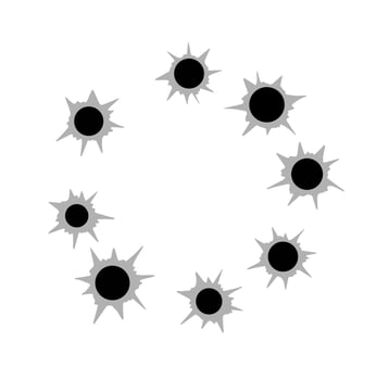 Bullet holes. Torn of gunshot hitting the wall. Template of shooting. Flat illustration isolated on white vector