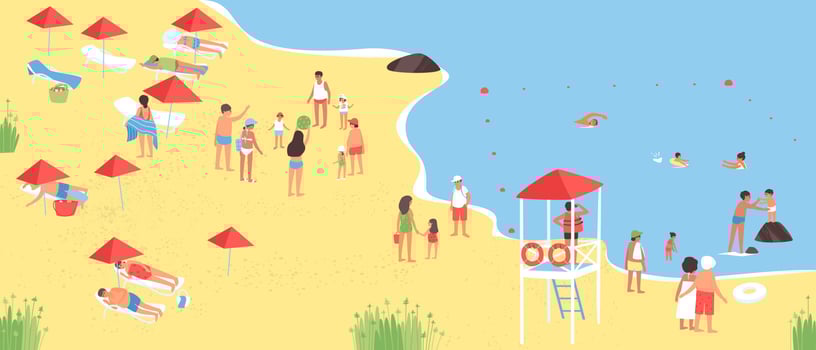Resting on the sea, people swim and sunbathe under the supervision of a lifeguard on the tower vector