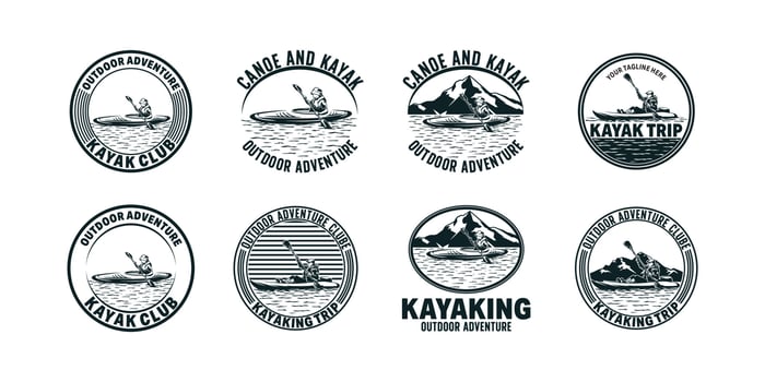 Collection of Retro vintage mountain, rafting, kayaking, paddling, canoeing camp logo, labels and badges vector