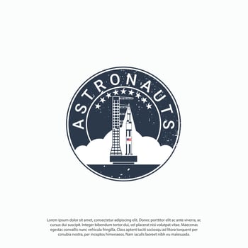 astronaut space badge with rocket textured vector illustration and More space lettering.