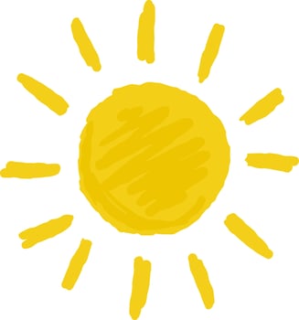 Hand-drawn sun. Element of summer and nature. Yellow warm object. Heat and hot. Cartoon illustration. Childrens drawing vector