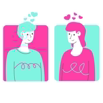 flat vector illustration Smiling man and woman at first glance. the meeting of happy men and women became interested.