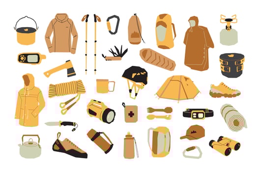 Set of hiking equipment. Items for camping, trekking and climbing vector