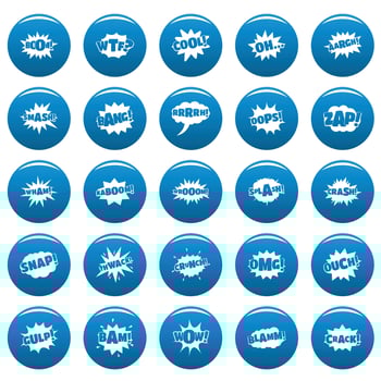 Comic bubble sound vector icons set blue, simple style