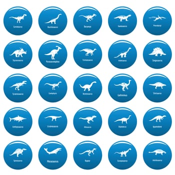 Dinosaur types signed name vector icons set blue, simple style