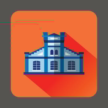 Blue public building icon, flat style vector