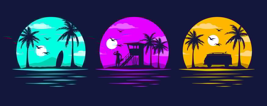 Baywatch, Camper and Surfing. Miami California Hawaii design. Old school tattoo vector art. Red Sunsets with sillhouettes. Vector Graphics for apparel t-shirt