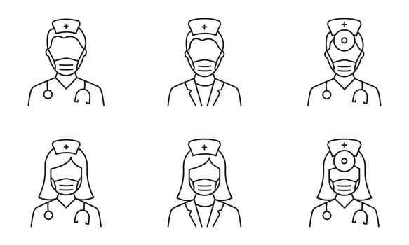 Hospital Healthcare Staff Line Icon. Male and Female Professional Doctors Outline Pictogram. Nurse, Otolaryngologist, Surgeon icon. Isolated Vector Illustration.