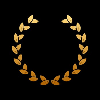 Gold Round Chaplet Reward for Winner Silhouette Icon on Black Background. Golden Laurel Wreath Award. Victory Symbol. Leader Trophy in Olive Leaves Branch Shape. Isolated Vector Illustration.