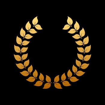 Gold Round Chaplet Reward for Winner Silhouette Icon on Black Background. Golden Laurel Wreath Award. Victory Symbol. Leader Trophy in Olive Leaves Branch Shape. Isolated Vector Illustration.