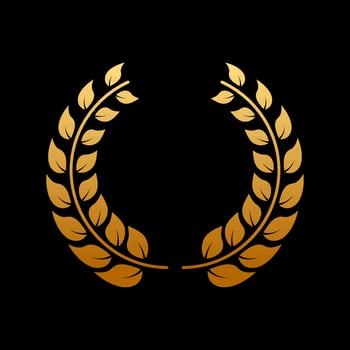 Gold Round Chaplet Reward for Winner Silhouette Icon on Black Background. Golden Laurel Wreath Award. Victory Symbol. Leader Trophy in Olive Leaves Branch Shape. Isolated Vector Illustration.