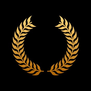 Gold Round Chaplet Reward for Winner Silhouette Icon on Black Background. Golden Laurel Wreath Award. Victory Symbol. Leader Trophy in Olive Leaves Branch Shape. Isolated Vector Illustration.