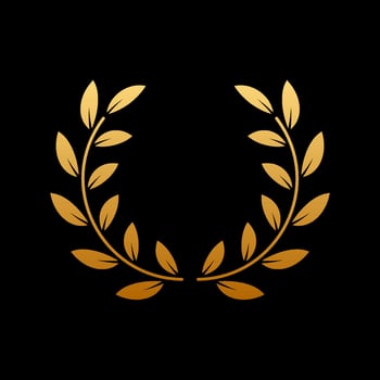 Gold Round Chaplet Reward for Winner Silhouette Icon on Black Background. Golden Laurel Wreath Award. Victory Symbol. Leader Trophy in Olive Leaves Branch Shape. Isolated Vector Illustration.