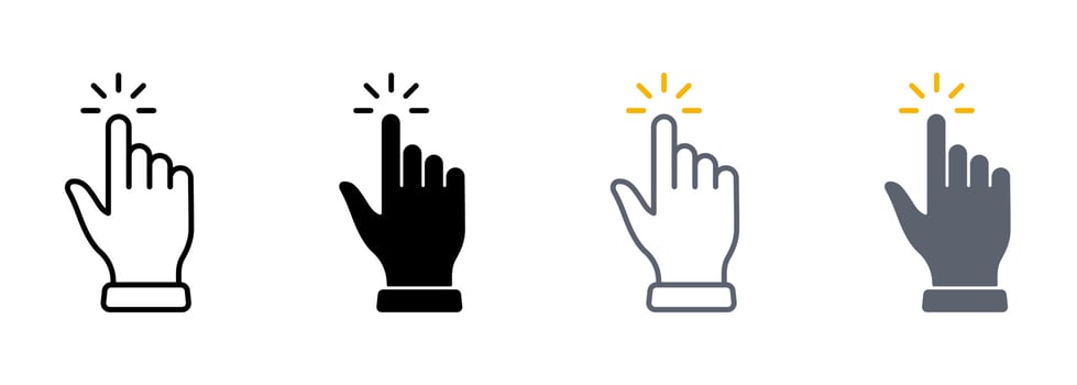 Press Gesture of Computer Mouse Line and Silhouette Color Icon Set. Hand Finger Cursor Pictogram. Pointer Click Double Tap Touch Swipe Point Symbol Collection. Isolated Vector Illustration.