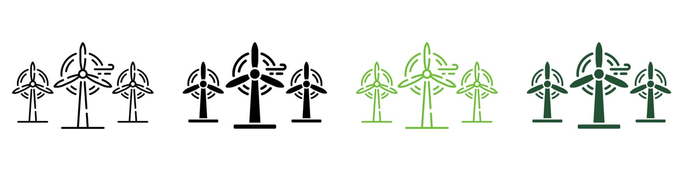 Windmill Line and Silhouette Icon Color Set. Eco Renewable Energy. Wind Mill Farm Electricity Power. Ecology Technology of Electric Industry Symbols on White Background. Isolated Vector Illustration.