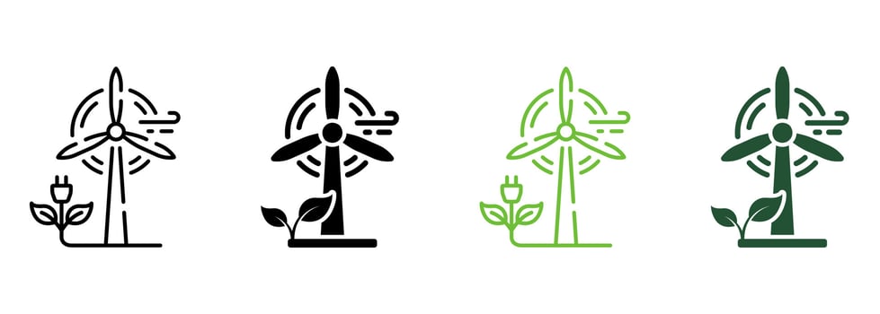 Eco Wind Turbine Green Energy Line and Silhouette Icon Color Set. Wind Mill Renewable Power Pictogram. Ecological Windmill Symbol Collection on White Background. Isolated Vector Illustration.