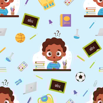 Seamless pattern back to school. Dark-skinned pensive boy, school education items and stationery in flat cartoon style on light blue background. Vector illustration. Cute kids collection.