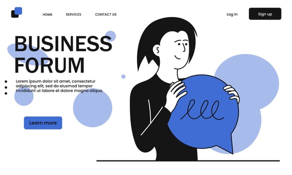 Business forum and woman holding bubble chat vector illustration concept. Person communication and social meeting. Corporate speech and internet conference. Community seminar and group discussion