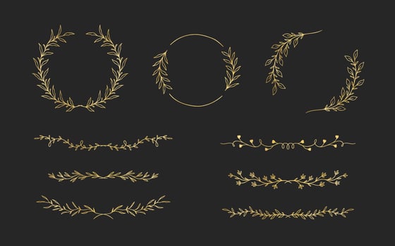 Set of hand drawn golden floral frames for wedding ornament or feminine beauty logo template vector