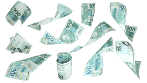 3D rendering of 100 Brazilian real notes flying in different angles and orientations isolated on transparent background png