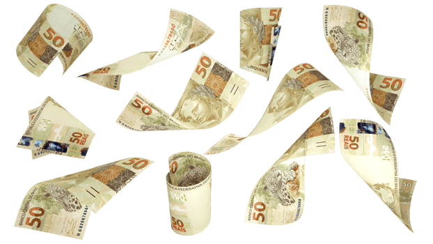 3D rendering of 50 Brazilian real notes flying in different angles and orientations isolated on transparent background png