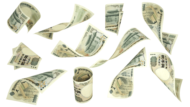 3D rendering of 10000 Japanese yen notes flying in different angles and orientations isolated on transparent background png