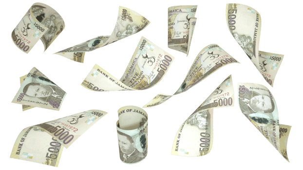 3D rendering of 5000 Jamaican dollar notes flying in different angles and orientations isolated on transparent background png