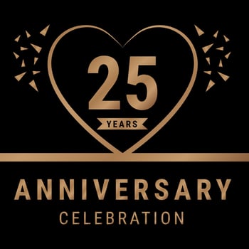 25 years anniversary celebration logotype. anniversary logo with golden color isolated on black background, vector design for celebration, invitation card, and greeting card. Eps10 Vector Illustration