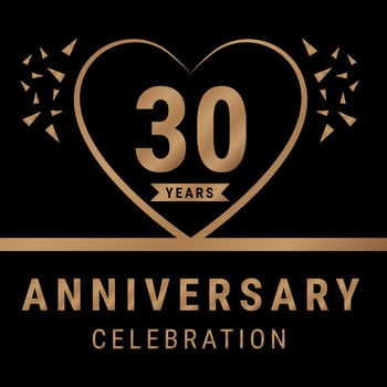 30 years anniversary celebration logotype. anniversary logo with golden color isolated on black background, vector design for celebration, invitation card, and greeting card. Eps10 Vector Illustration