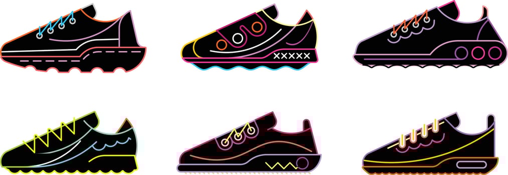 Sneaker Shoe Minimalistic Flat Neon Line Outline Stroke Icon Pictogram Symbol Set Collection vector