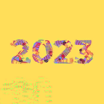 2023 typography is made from trumpet icon set, horn, etc. doodle collage. yellow background. new year concept for template, greeting card, print, sticker, banner, etc. flat vector style