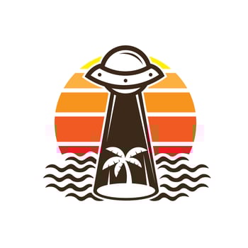 Sunset beach icon with palm tree and ufo vector illustration, perfect for t shirt design