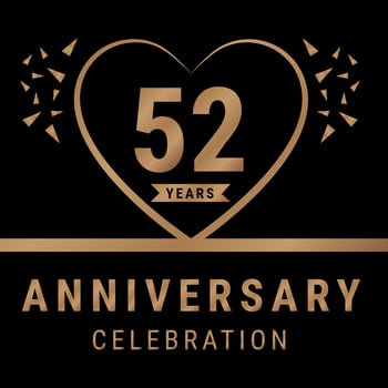 52 years anniversary celebration logotype. anniversary logo with golden color isolated on black background, vector design for celebration, invitation card, and greeting card. Eps10 Vector Illustration